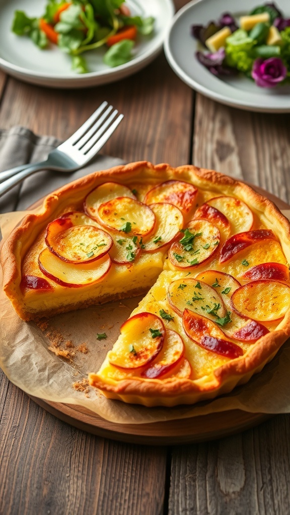A slice of potato quiche with layers of potatoes and cheese, garnished with herbs, on a wooden table.